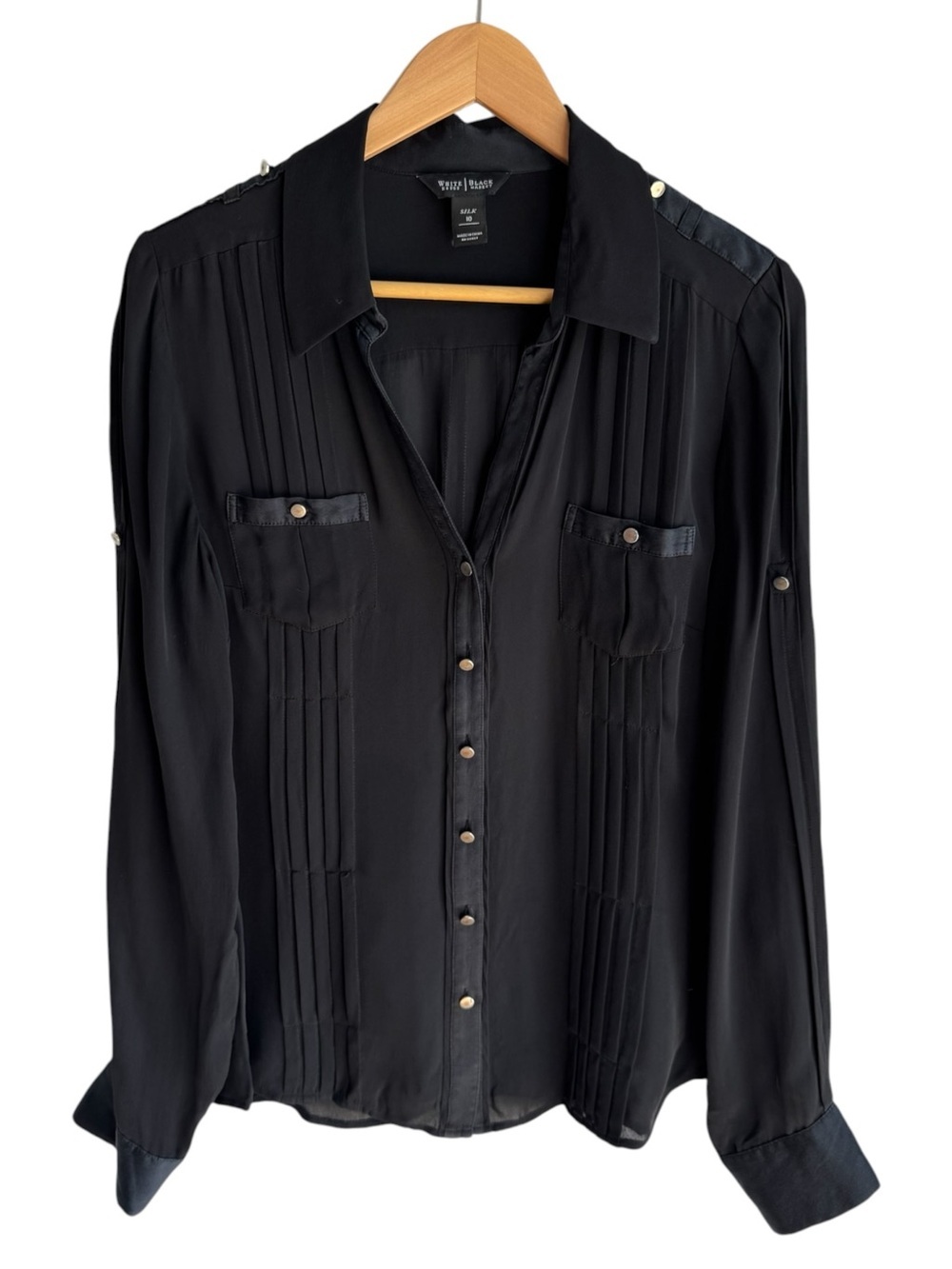WHBM 100% Silk Blouse Sz 10 Black Button Front Cuffed Shirt Classic Timeless